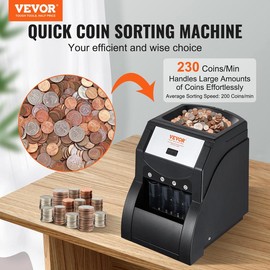 VEVOR USD Coin Sorter, Various specifications, Coin Sorter Machine for USD Coin 1￠ 5￠ 10￠ 25￠, Sorts up to 230 Coins/min, Coin Sorter and Wrapper Machine Holds 200 Coins Included 4 Coin Tubes, Black:_230 pcs
