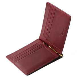 Kapon Men's Oil Leather Money Clip Wallet with Two Clips (Gold and Silver) Includes Gift Box, Bifold Wallet, Bill Clamp, Thin, Lightweight, red (bordeaux)