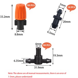 CTRICALVER Irrigation System Kit, Garden Watering System, 50 pcs Adjustable Irrigation Misting Nozzles, 50 Pcs tees connector and 10 Pcs end plugs, for Garden Greenhouse Patio Lawn