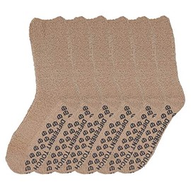 Different Touch 6 Pairs Men’s Soft Winter Cozy Fuzzy Slipper Socks, Soft Hospital Lounge Crew Socks (Beige, 10-13)