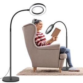 10X 30X Floor Magnifying Glass with Light and Stand, 72 LED Floor Magnifying Lamp, 3 Color Modes 10 Stepless Dimmable Floor Magnifiers for Reading, Sewing, Crafts, Painting, DIY, Close Work Black