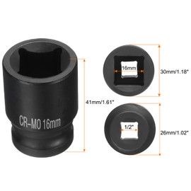 sourcing map 4 Point Square Socket 1/2" Drive 16mm Metric Square Impact Socket CR-MO Blackening Standard Wheel Sockets Pneumatic Socket Tool for Auto Repair Mechanical Maintenance Home Use