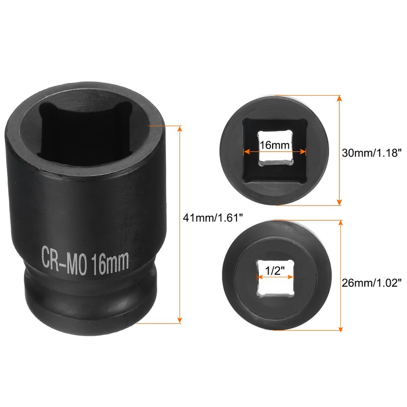 sourcing map 4 Point Square Socket 1/2" Drive 16mm Metric