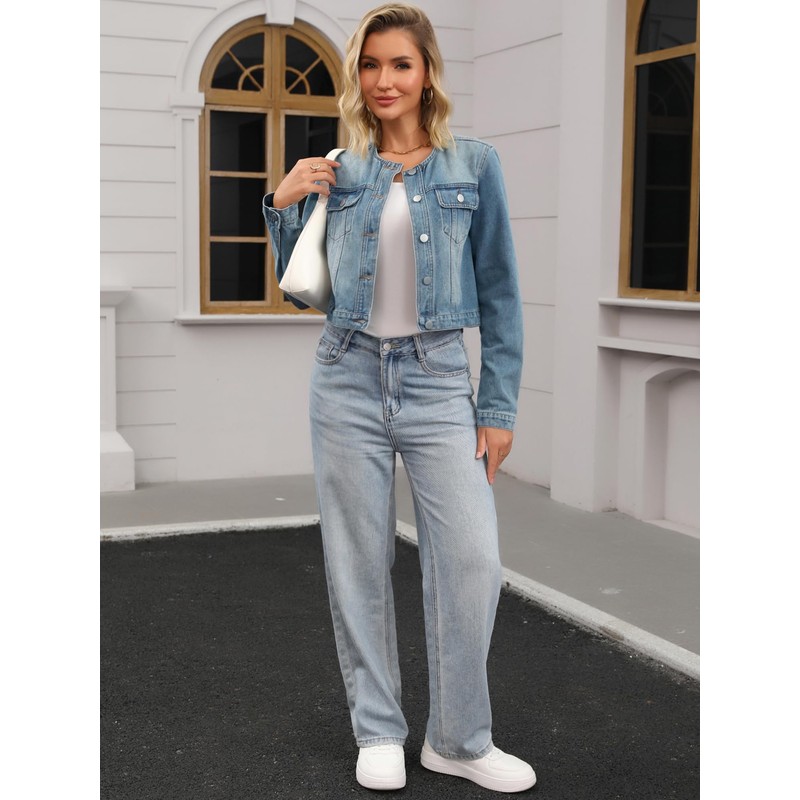 CIMUK Women's Denim Jacket Collarless Button Down 2025 Western Long