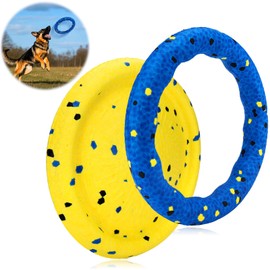Floating Dog Toys –E-TPU Water Pool Fetching Toy with Rope for Small Medium Large Pet, Ring and Plate Shape Indestructible Interactive Dog Chew Toys for Summer Outdoor Training Fun (Blue+Yellow)