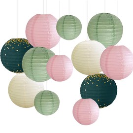 Paper Lanterns Decoration Sage Green and Pink Party Decorations Sage Green and Cream Hanging Paper Lanterns for Bridal Shower Wedding Baby Shower Birthday Party Decoration Pack of 12