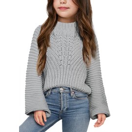 Imily Bela Girls Sweaters Kids Casual Bell Sleeve Knit Pullover Jumper Tops Grey