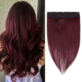 Benehair Burgundy One Piece Clip in Hair Extensions Human Hair Wine Red Hair Extensions Clip in Human Hair 24inch 3/4 Full Head Remy Hair Long Straight Natural Soft Hair Extensions 5 Clips