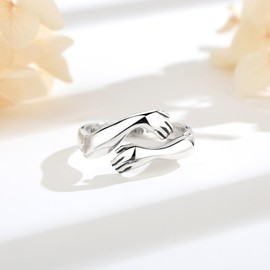 EUDORA Hug Rings for Women Men S925 Sterling Silver, Adjustable Hugging Hands Open Ring Always with You Couples Bands Rings Promise Ring Jewelry Gifts for Dad Mom Wife Husband Son Daughter Couples