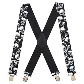 Suspender Store Novelty Skull Design Suspenders - 2-Inch Wide Elastic - X-Back - Pin Clip - 48" for 5'9" to 6'2" tall