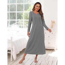 Marvmys Nightgowns for Women Soft Cotton Nightgowns Long Sleeve Ladies Sleepwear Gown House Dress with Pockets Dark Grey M