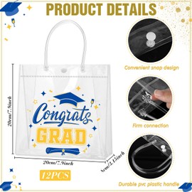 Amylove 12 Pcs Graduation Clear Plastic Gift Bags with Handles Reusable PVC Favor Bag for College Graduation Party(Blue)