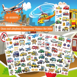 UVUXO Cars and Airplane Temporary Tattoos for kids - 10 Sheets Transportation Tattoos Temporary for Girls Boys Cars and Airplane Birthday Party Supplies Gifts for Kids