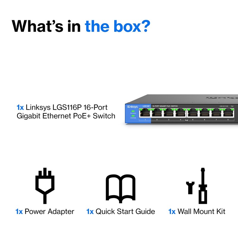 Linksys LGS116P 16 Port Gigabit Unmanaged Network PoE Switch with