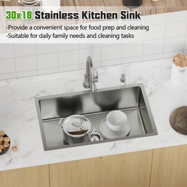 Kitchen Sink, 30x18 Inch Stainless Steel Undermount Modern Single Bowl Drop In Kitchen Sink Combo-Silicon Mat,Drain Strainer Set Offering Large Basin And Compatibility With Various Kitchen&Bar Style