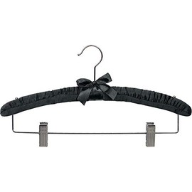 Black Satin Padded Combo Hanger with Clips in 16" Length X 1" Thick with Chrome Hardware, Box of 12