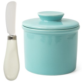 Butter Crock for Counter, French Butter Dish with Knife, Ceramic Butter Keeper for Spreadable Butter, Blue