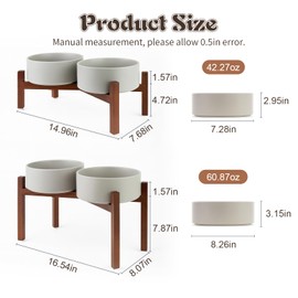 SPUNKYJUNKY Raised Ceramic Dog Bowls Set with Non-Slip Acacia Wood Stand for Medium Sized Dog(42.27 OZ, Gray)