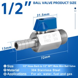 2Pack 1/2" Hose Barb to 1/2" NPT Male Mini Ball Valve 304 Stainless Steel Shut Off Valve with Clamps Kit for Air Water Fuel Gas (1/2" Barb x 1/2" NPT Male)