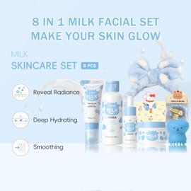 MrCuvaryas Set De Cuidado Facial De 8 Piezas, Set De Cuidado Facial Con Leche, Set De Viaje Para Mujeres Y Adolescentes, Rutina Hidratante Con Leche Para Niñas De 10 A 12 Años, Kit De Autocuidado Bril