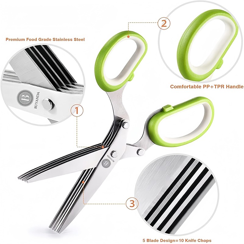 Premium Quality Stainless Steel Herb Scissors With 5 Blades, Cover