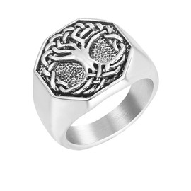 PAURO Men's Stainless Steel Ring Unique Hexagon Tree of Life Signet Band Vintage Style Silver Black Size P 1/2