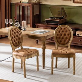 SoarFlash French Dining Chairs Set of 2, Vantage Dining Chair with Round Back, Wood Leg Farmhouse Country PU Leather Dining Chair for Kitchen,Bedroom,Orange