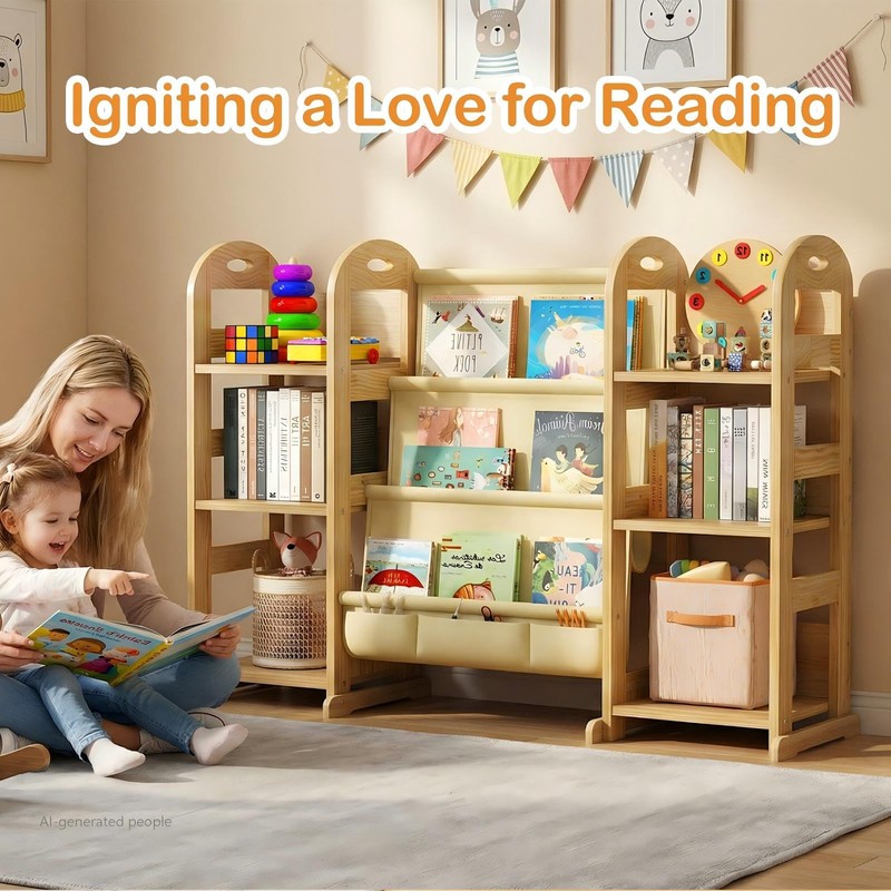 Kids Bookshelf and Toy Storage Organizer, Wood Book Shelf for