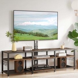 VECELO 63" TV Stand with Mount and Power Outlets, Entertainment Center Console with Open Storage Shelves, Height Adjustable Mount up to 75”, Wooden Table and Metal Frame for Living Room, Rustic Brown