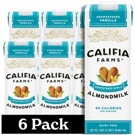 Califia Farms - Unsweetened Vanilla Almond Milk, 32 Oz (Pack of 6), Dairy Free, Vegan, Plant Based, Keto, Shelf Stable, Vegan, Gluten Free, Non GMO, Sugar Free, High Calcium, Smoothie