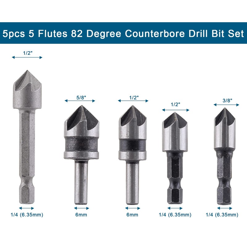 Aracombie 5pcs 5 Flutes 82 Degree Counterbore Drill Bit Set