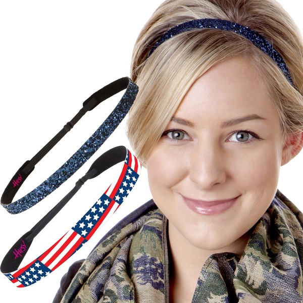 Hipsy Adjustable American Flag 4th of July Headbands for Women Girls & Teens (2pk Flag & Navy Blue Glitter)