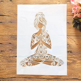 TIAMECH A4 Reusable Yoga Girl Stencil for Painting - Mandala Praying Girl Layering Template, DIY Wall Art, Wood Furniture, Scrapbook & Crafts (8.3x11.7inch)