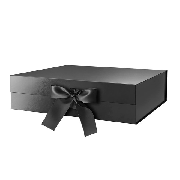 GREEN BEAN Large Gift Box with Lid for Present 13x9.7x3.4 Inches, Black Magnetic Gift Box with Ribbon, Groomsmen Proposal Box, Luxury Gift Box (Glossy Black)