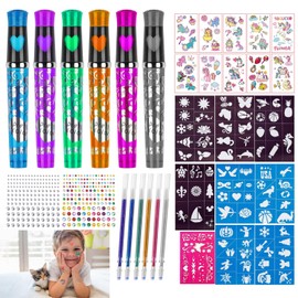 Children's Tattoo Pens, Glitter Tattoo Pens Set with 6 Coloured Tattoo Pens, 10 Cartoon Tattoo Stickers, 9 Stencils, 6 Refills, 2 Rhinestones for Party Bags, Children's Birthday Parties