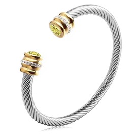 Women's Cable Cuff Bracelet - Twisted Stainless Steel Bangle with 18K Gold and Birthstones (Citrine)