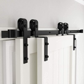 skysen 6.6FT Heavy Duty Sliding Barn Door Hardware Single Track Bypass Double Door Kit Black(Bypass J Shape-1)