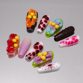 RIICFDD Thick Press on Nails Handmade Nails Long Coffin Fake Nails with Glue,Tropical Flower Art False Nails with Water Droplet Pattern Designs Reusable Nature Stick on Nail for Wome (Size M)