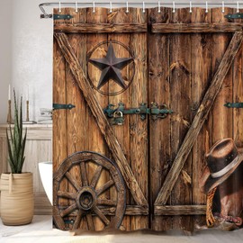 Jipusai Texas Star Western Barn Door Shower Curtain Sets for Bathroom,Cowboy Hat Boots Wheel Decor Curtain, Vintage Rustic Wooden Board Farmhouse Bath Curtain with Hooks, 70X75IN