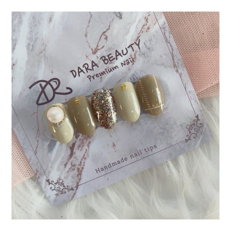 [Handmade nail tip] Nude tone pearl check nails / [수제네일팁]