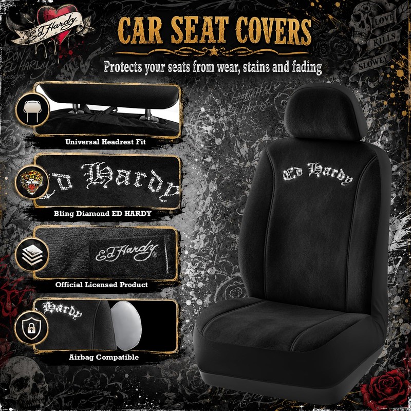 ED HARDY Car Seat Covers, Black Soft Short Plush &
