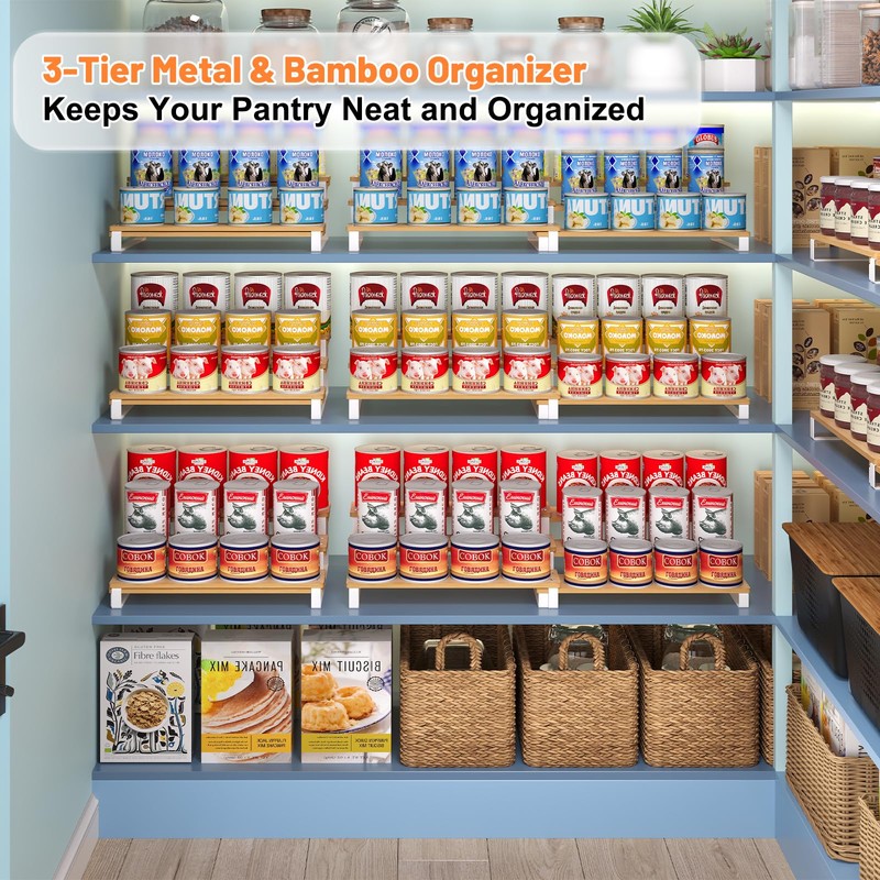 Expandable Can Organizer for Pantry, 3-Tier Adjustable Bamboo & Iron