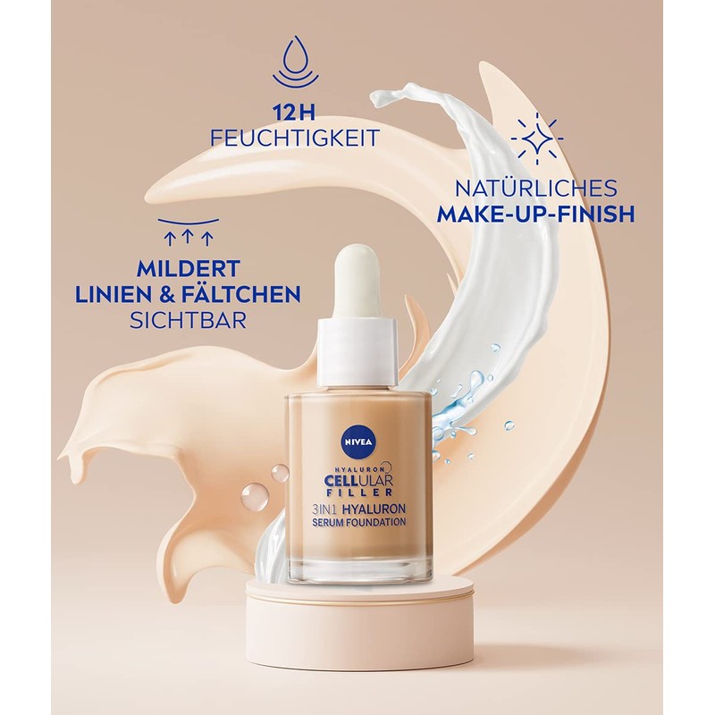 NIVEA 3-in-1 Hyaluronic Serum Foundation Dark (30 ml), Anti-Age Foundation