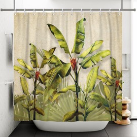 ASDCXZ Leaves Shower Curtain 180 x 180 cm, Vintage Tropical Green Banana Leaves Palm Leaves Bathroom Washable Shower Curtains Polyester Textile Waterproof Bath Curtain for Bathtub with 12 Hooks