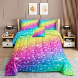 ROWADALO 5 Pieces Rainbow Glitter Comforter Set Twin Size Galaxy Starry Sky Bedding Sets 5 Pieces Bed in A Bag for Kids Teen Girls Ultra Soft All-Season Girls Sparkles Comforter Set,DJT-GB5004-Twin
