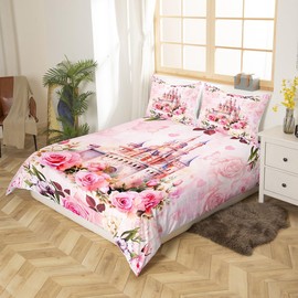 Manfei Girls Castle Bedding Set Dreamy Princess Castle Bedding Duvet Cover Set Pink Flowers Comforter Cover Set Butterfly Floral Bedspread Cover Bedroom Quilt Cover 3Pcs Queen,No Comforter
