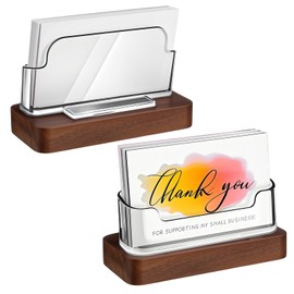 Fuyoooo 2 Pcs Wooden Acrylic Business Card Holders for Desk Clear Business Card Display Stand Postcard Holder Organizer for Office Home Desktop Car Reception Conference Restaurant Room (Wood Color)