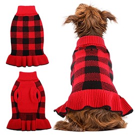 Pet Dog Sweaters Dress for Small Medium Dogs,Dog Knitwear Warm Turtleneck Pullover Puppy Sweaterï¼Cute Pet Plaid Vest Dress with Leash Hole, Cozy Pet Fall Winter Clothes Christmas Apparel (Small, Red)