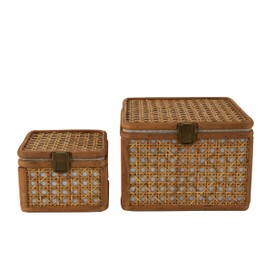 Deco 79 Rattan Handmade Decorative Box Woven Rattan Decorative Keepsake Boxes with Bronze Latches, Set of 2 Storage Boxes 7", 5"W, Brown