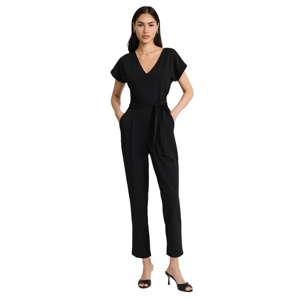 EXPRESS WOMENS SHORT SLEEVE V-NECK TIE WAIST JUMPSUIT BLACK